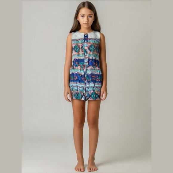 Zunie Girls Romper Size 10 Cream Lace Trim Shorts Blue Aqua Orange Tribal Print - Picture 1 of 7